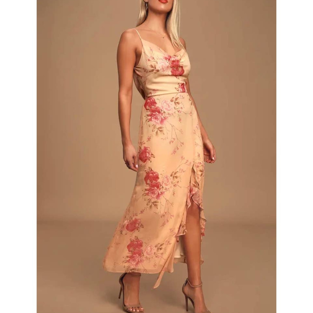 Lulus Lunch in The Vineyard Peach Floral Print Ruffled Midi Dress